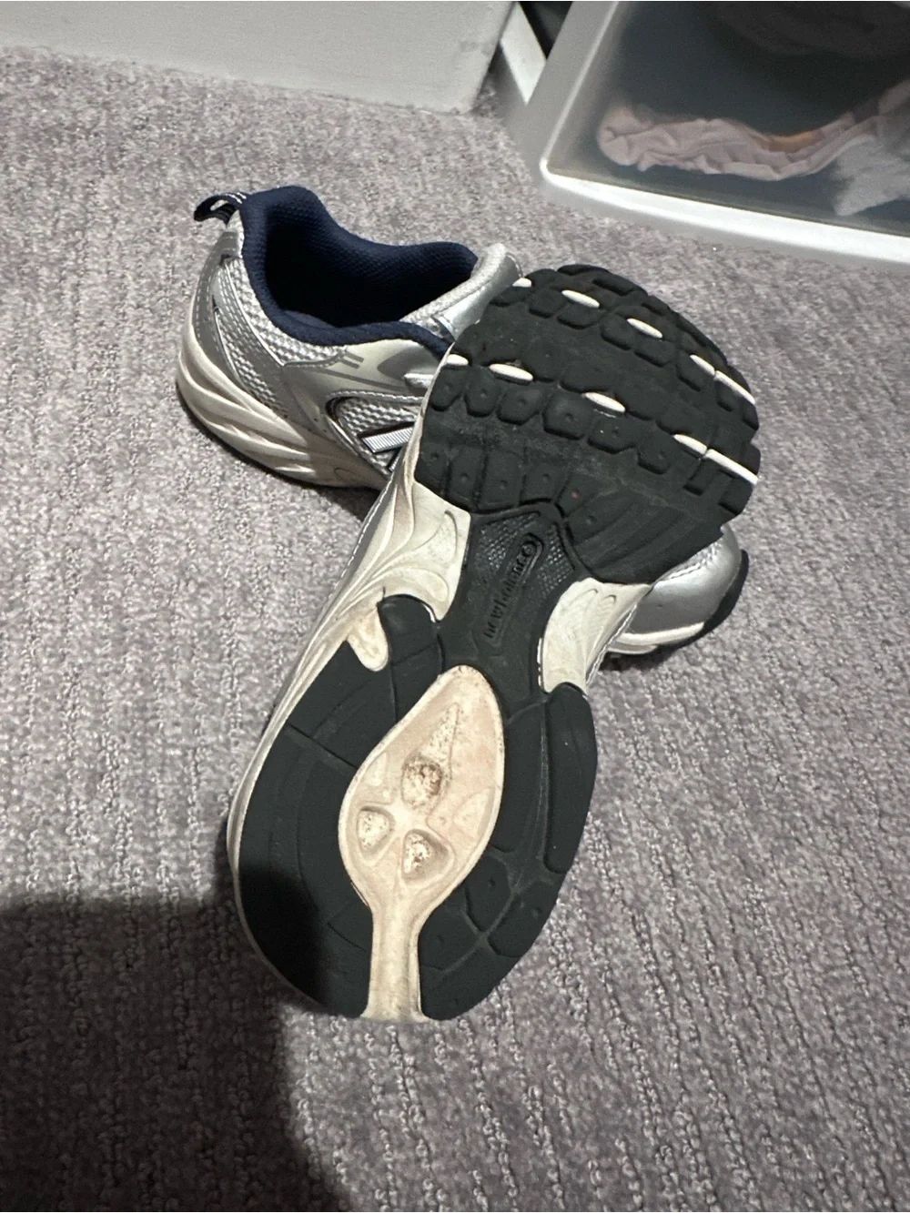 New Balance 530 Silver and Navy Mesh Athletic Sneakers